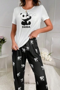 Pijama dama, set 2 piese, bluza cu maneca scurta si pantaloni lungi, model cute cu imprimeu ursuleti jucausi, tematica sleepy panda, negru cu alb - Img 3