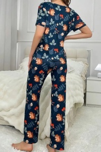 Pijama dama, set 2 piese, bluza cu maneca scurta si pantaloni lungi, model deosebit cu imprimeu veverite jucause si ghinde, tematica love nature, albastru - Img 2