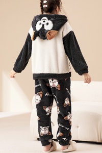 Pijama dama, set 2 piese, bluza maneca lunga cu gluga si pantaloni lungi, model cu animale, pisica honey, tematica I love winter, gri inchis - Img 2