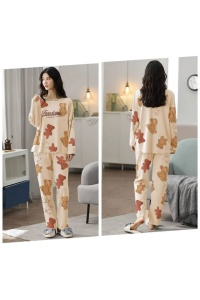 Pijama dama, set 2 piese, bluza maneca lunga si pantaloni lungi, model freedom cu ursuleti, tematica bear world, maro deschis - Img 4