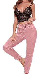 Pijama dama, set 2 piese, bluza tip bustiera si pantaloni lungi, negru cu roz
