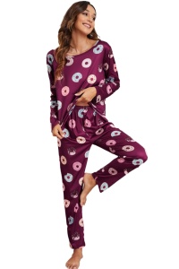 Pijama dama, set 3 piese, bluza maneca lunga, pantalon lung si masca de dormit, mov cu imprimeu gogosi multicolore