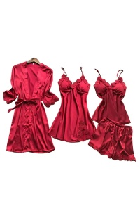 Pijama dama, set 4 piese, model confortabil, elegant si senzual, tematica feeling confident, rosu