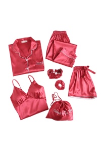 Pijama dama, set 7 piese, model confortabil, cu imprimeu uni, tematica fashion elegant, rosu