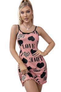 Pijama dama tip rochie scurta cu bretele subtiri reglabile, model cu inimioare, tematica I feel sexy, roz
