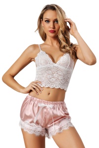 Pijama sexy dama, set 2 piese, top bretele reglabile si pantaloni scurti, model jucaus incitant, roz