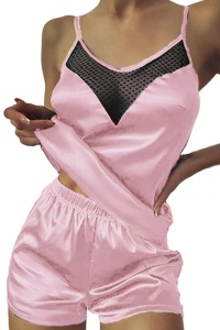 Pijama sexy dama, set 2 piese, top cu detaliu transparent la decolteu si pantaloni scurti, model confortabil elegant, roz
