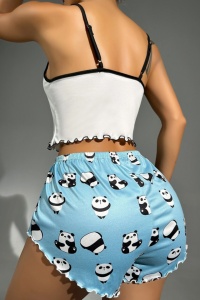Pijama sexy dama, set 2 piese, top si pantaloni scurti, tematica I can’t sleep, model lazy panda, albastra - Img 2