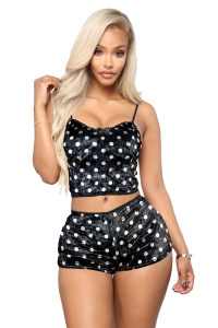 Pijama sexy dama, set 2 piese, top tip bustiera cu bretele subtiri si pantaloni scurti, model provocator, imprimeu grafic, buline mici, negru cu alb