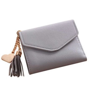 Portofel dama fashion, compartimentat, inchidere cu capsa, accesoriu ciucure si inima aurie, piele ecologica, gri inchis