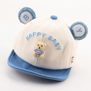Sapca pentru copii, cozoroc curbat, accesorizata cu urechiuse, model simpatic si vesel, tematica happy baby, 6 luni – 2 ani, albastra - Img 3