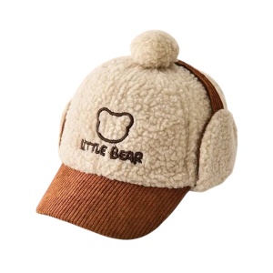 Sapca pentru copii, model cu pom pom, prindere reglabila cu scai in doua moduri, urechiuse amuzante, tematica little bear, 2 - 6 ani, maro