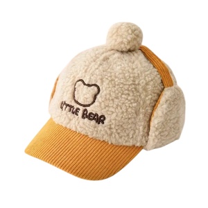 Sapca pentru copii, model cu pom pom, prindere reglabila cu scai in doua moduri, urechiuse amuzante, tematica little bear, 2 - 6 ani, galbena