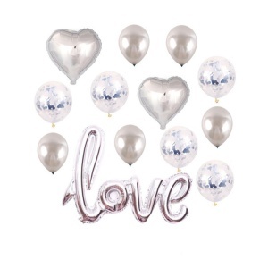 Set 13 baloane indragostiti, decor „Love“, simple si cu confeti, argintii