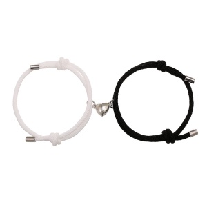 Set bratari cuplu cu magnet inima, tip sfoara, neagra si alba, reglabile, lucrate manual