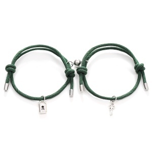 Set bratari cuplu cu magnet, lacat si cheita, tip sfoara, verde,