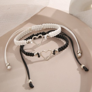 Set bratari cuplu, tip sfoara, accesoriu inima argintie, reglabile, unisex, neagra si alba - Img 3
