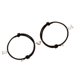 Set bratari tip sfoara, inima cu magnet, pandantiv ursuleti argintii, reglabile, unisex, negre
