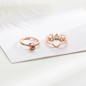 Set doua inele dama, model regal cu text te iubesc in 100 limbi, tematica royal couple, reglabile, rose gold - Img 3