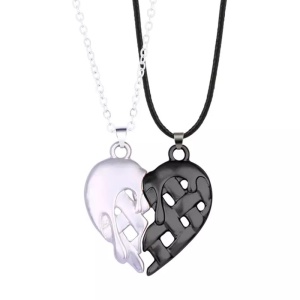 Set lant cuplu cu pandantiv inimioara magnet, model melting heart, argintiu si negru