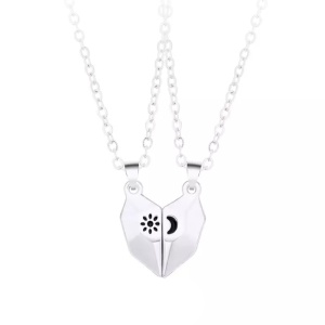 Set lant cuplu cu pandantiv inimioara magnet, model soare si luna, unisex, argintiu