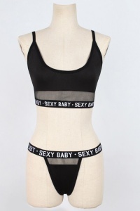 Set lenjerie sexy 2 piese, print sexy baby, bustiera si chilot tanga, negru - Img 4