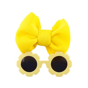 Set ochelari de soare pentru fetite, model rotund tip floare, accesorizat cu funda supradimensionata asortata, tematica fancy summer, marime universala, galben