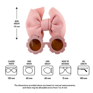 Set ochelari de soare pentru fetite, model rotund tip floare, accesorizat cu funda supradimensionata asortata, tematica fancy summer, marime universala, roz inchis - Img 4