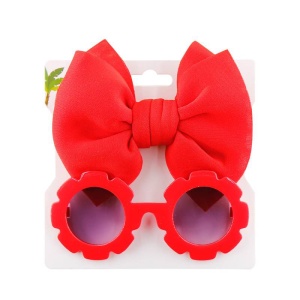 Set ochelari de soare pentru fetite, model rotund tip floare, accesorizat cu funda supradimensionata asortata, tematica fancy summer, marime universala, rosu - Img 2