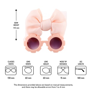 Set ochelari de soare pentru fetite, model rotund tip floare, accesorizat cu funda supradimensionata asortata, tematica fancy summer, marime universala, roz peach - Img 3