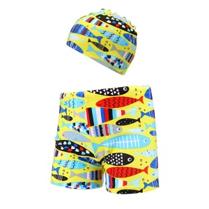 Set pantaloni de baie pentru baieti cu casca asortata, tematica lumea acvatica, model pestisori nazdravani, galben