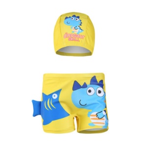 Set pantaloni de baie pentru baieti cu casca asortata, tematica lumea animalelor vesele, model dino glumet, galben