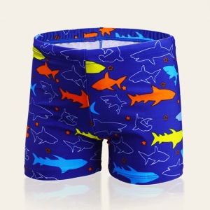 Set pantaloni de baie pentru baieti cu casca asortata, tematica lumea acvatica, model rechini jucausi, albastru cu portocaliu - Img 4