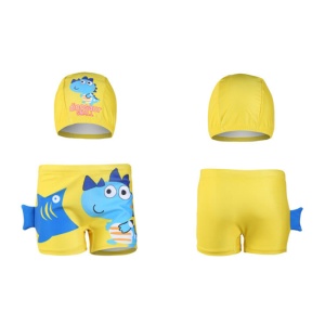 Set pantaloni de baie pentru baieti cu casca asortata, tematica lumea animalelor vesele, model dino glumet, galben - Img 3