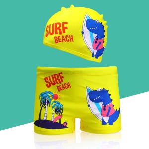 Set pantaloni de baie pentru baieti cu casca asortata, tematica petrecere pe plaja, model dino surf beach, galbeni - Img 2