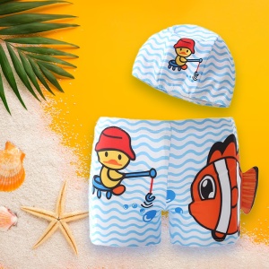 Set pantaloni de baie pentru baieti cu casca asortata, tematica petrecere de vara, model puiut la pescuit, albastru deschis - Img 2