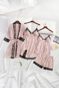 Set pijama, 4 piese, satin si dantela, halat, rochie, bluza si pantalon scurt roz - Img 2