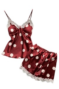 Set pijama, haine de stat in casa sexy, 2 piese, satin cu dantela, maieu si pantalon scurt rosu cu buline albe