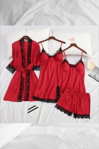 Set pijama, haine de stat in casa sexy, 4 piese, satin si dantela, halat, rochie, bluza si pantalon scurt rosu - Img 2