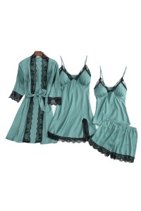 Set pijama, haine de stat in casa sexy, 4 piese, satin si dantela, halat, rochie, maieu si chilot tip pantalon scurt verde