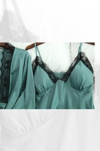 Set pijama, haine de stat in casa sexy, 4 piese, satin si dantela, halat, rochie, maieu si chilot tip pantalon scurt verde - Img 2