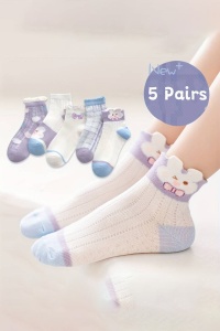 Sosete copii, set 5 perechi, model cu iepurasi si fundite, detalii cute, tematica bunny world– 2 ani, alb cu mov - Img 2