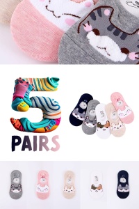 Sosete dama, set 5 perechi, model scurt cu imprimeu animalute simpatice, tematica I love cute cats, non – slip, marime 38 – 42, multicolore - Img 2