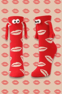 Sosete haioase, model vesel accesorizat cu manute cu magnet si ochisori, imprimeu buze senzuale, tematica let's be friends, unisex, marime 36-42, rosii - Img 2
