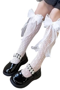 Sosete pentru fetite, model elegant cu funda voluminoasa accesorizata, pana la genunchi, tematica little princess, albe