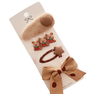 Accesorii de par, tip clema, set 4 piese, ursuleti cu capsuni, maro expresso