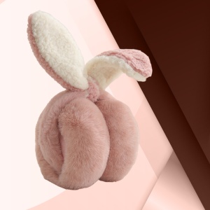 Acoperitori pentru urechi, protectie impotriva frigului, model casti pufoase cu urechi lungi de iepuras, pliabile, tematica happy bunny, marime universala, roz inchis - Img 3