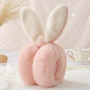 Acoperitori pentru urechi, protectie impotriva frigului, model casti pufoase cu urechi lungi de iepuras, pliabile, tematica happy bunny, marime universala, roz deschis - Img 4