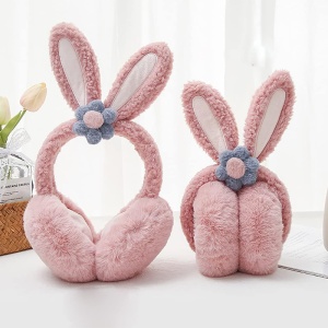 Acoperitori pentru urechi, protectie impotriva frigului, model casti dama cu urechiuse de iepuras si fundita, tematica flower bunny, marime universala, roz inchis - Img 4