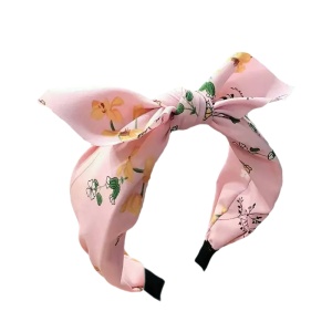 Bentita pentru par cu fundita tinereasca, roz cu imprimeu floral, marime standard